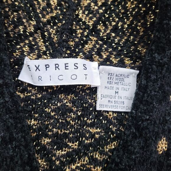 Vtg Express Tricot Wool Blend Sparkle Cardigan Sz M Soft Plush Black Gold Italy - Picture 6 of 8